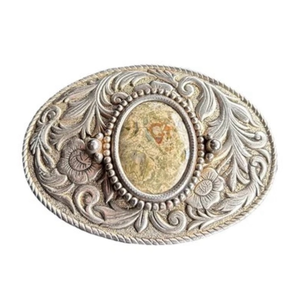 Vintage 1970s Oval Belt Buckle Stone Cabochon Centre Floral Metal Artwork